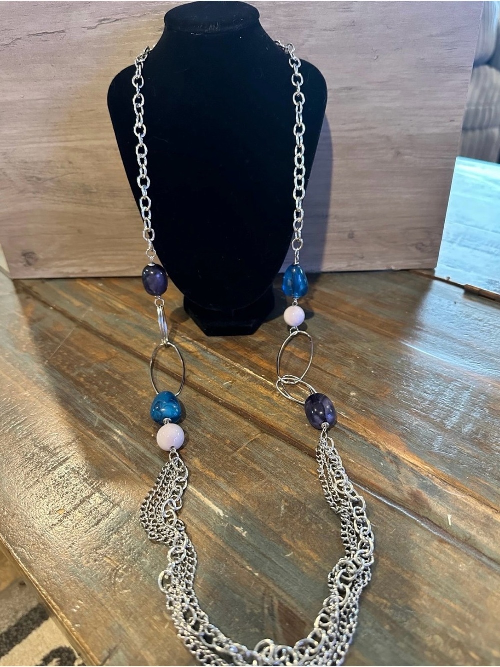 Silver-Tone Layered Chain Necklace with Blue, Purple and Pink Beads